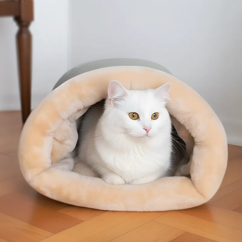 cat sleeping bag, cat cute sleeping bag, plush sleeping bag for cats, cat sleeping bag bed, enclosed cat bed, cat snuggle bag